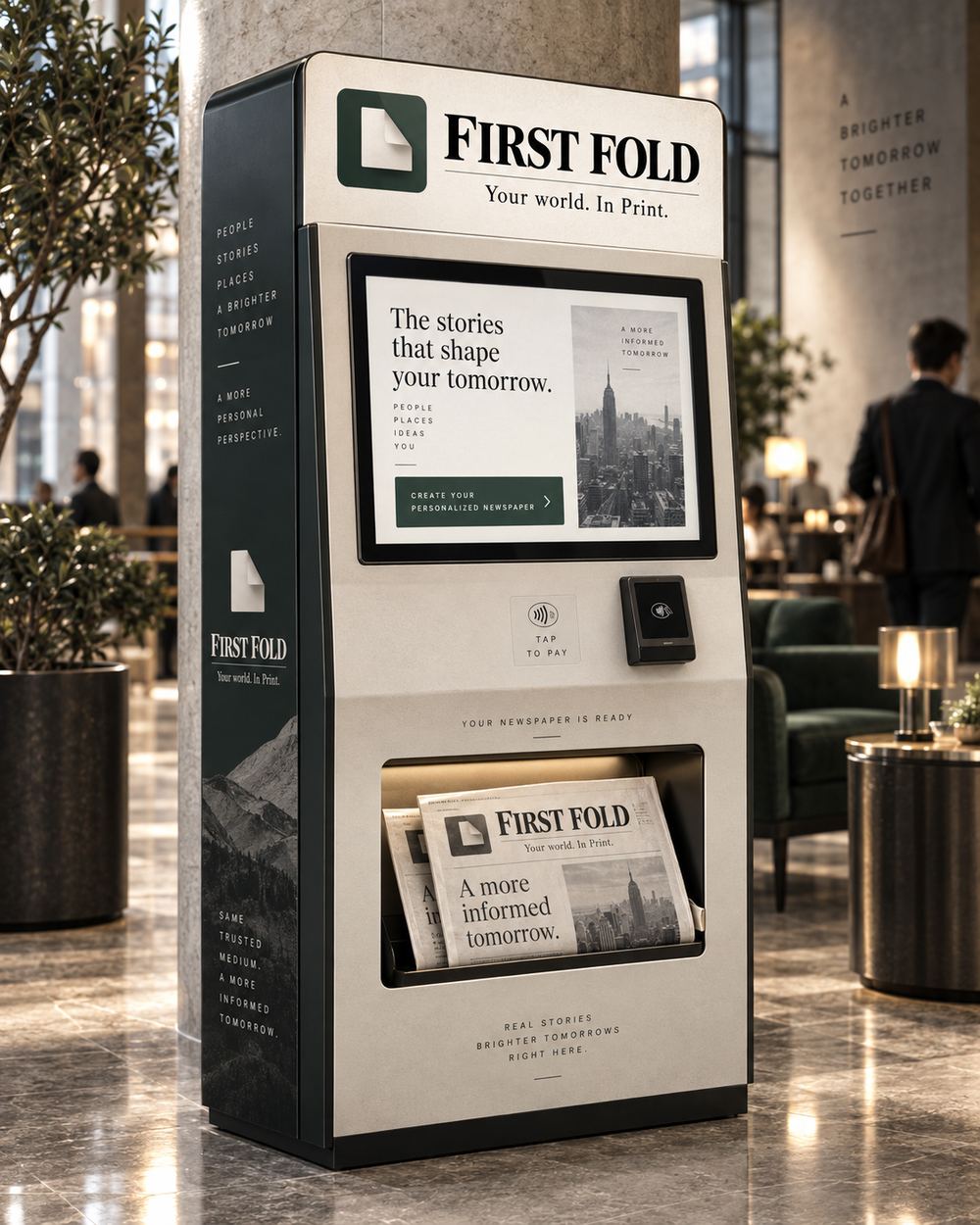 A First Fold kiosk in a hotel lobby, a printed paper waiting in the tray