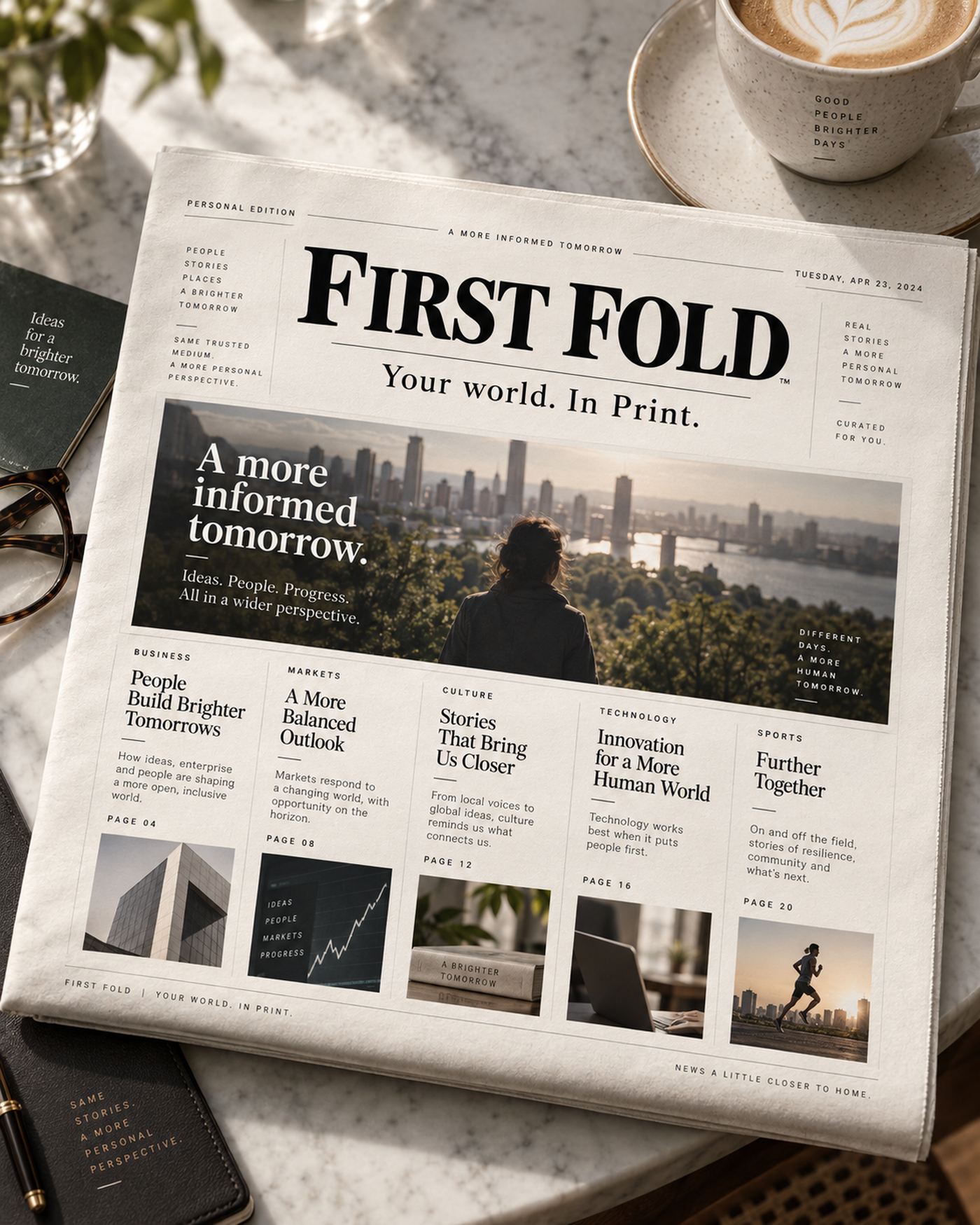 A folded First Fold newspaper resting on a counter beside a coffee
