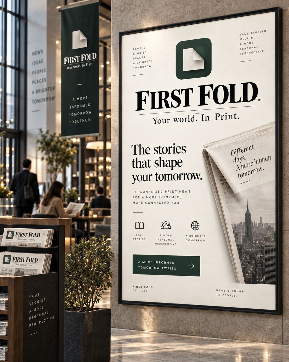 A First Fold poster and newspaper rack in an office lobby